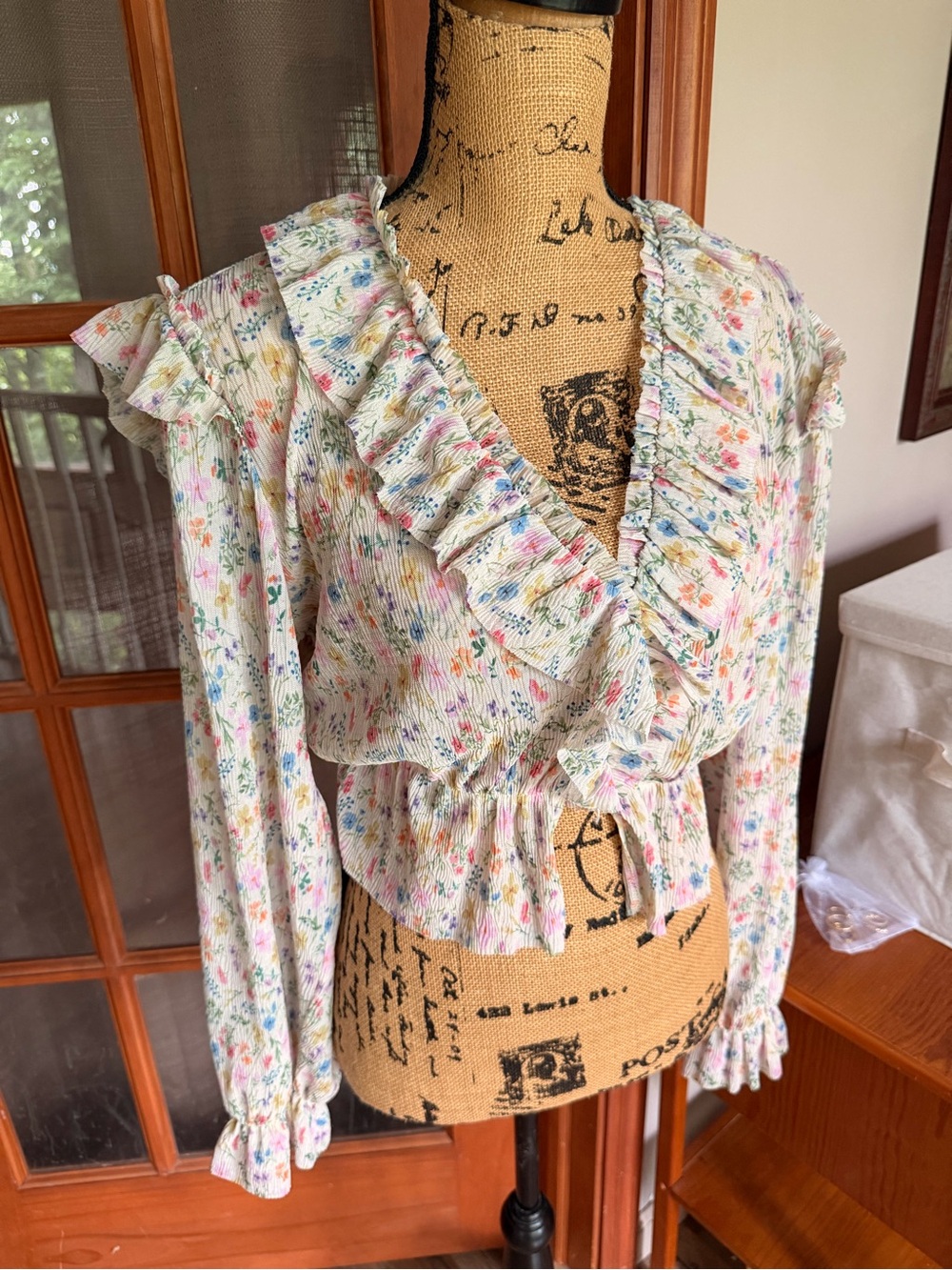 Anthropologie Cream Floral Ruffle Button Front